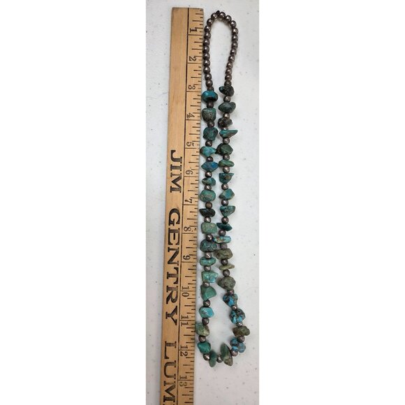 Vintage Turquoise Silver Nugget Beaded Necklace Chunky Rustic Boho Slip On 92gr - Picture 9 of 10